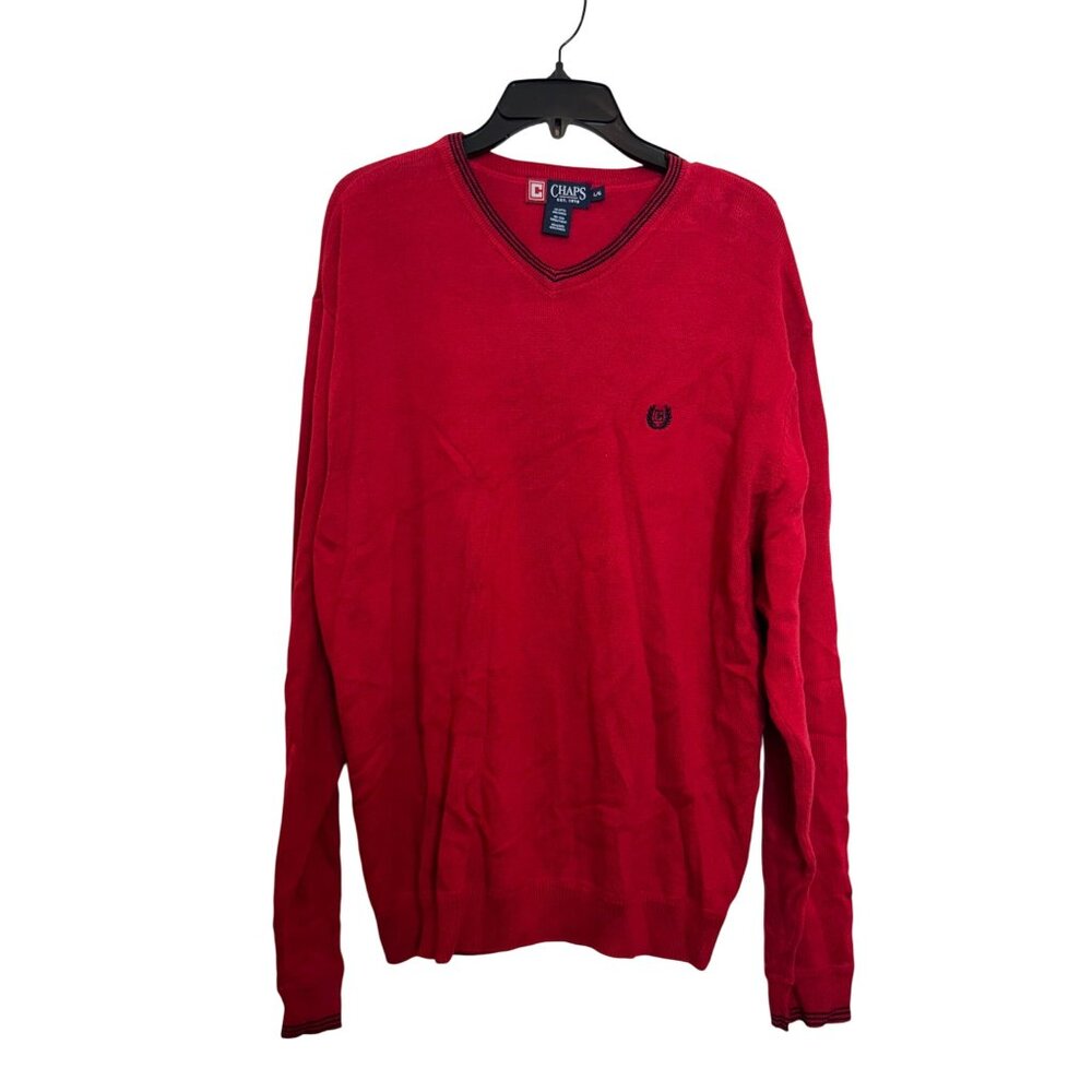 Vintage Chaps Cotton V-Neck Jumper Mens L Red Classic Knit Sweater Embroidered L